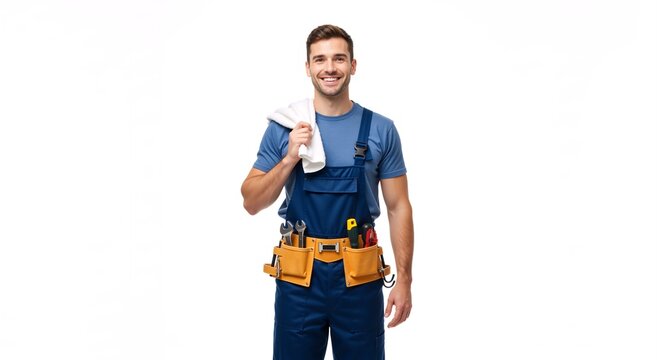 Smiling professional handyman with a tool belt standing isolated on a white background. Confident young worker or plumber in uniform ready for repair service with copy space