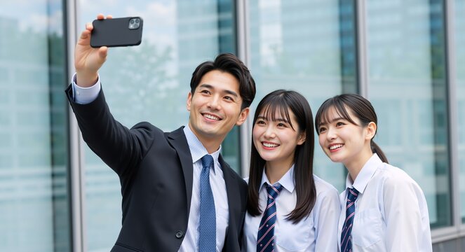 A smiling asian businessman taking a selfie with two female high school students. Happy group of people using a smartphone outdoors in the city - Powered by Adobe