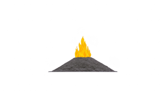 Burning ash pile with yellow flame, isolated on transparency background, symbolizing destruction, loss, or transformation, with dramatic and intense mood