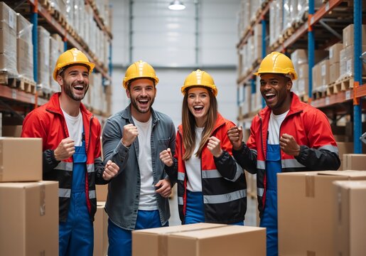 A happy diverse team of warehouse workers celebrating success in a distribution center. Cheerful group of logistics employees showing teamwork and achievement