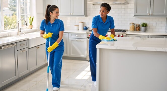 Two diverse female cleaners in uniform working together in a modern kitchen. Professional cleaning service staff mopping the floor and wiping the countertop - Powered by Adobe