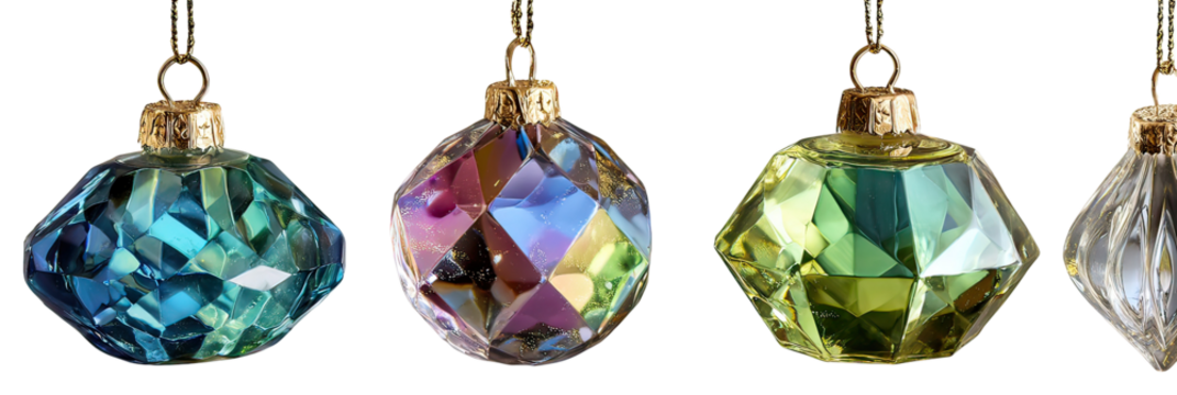 Three luxury glass ornaments hanging in assorted shapes and colors on transparent background