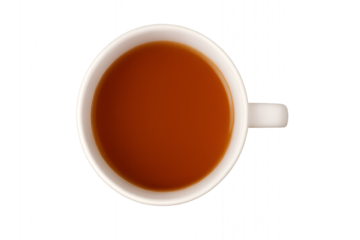 Top view of white ceramic cup filled with hot black tea or coffee isolated on transparent background