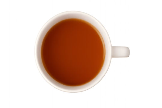 Top view of white ceramic cup filled with hot black tea or coffee isolated on transparent background