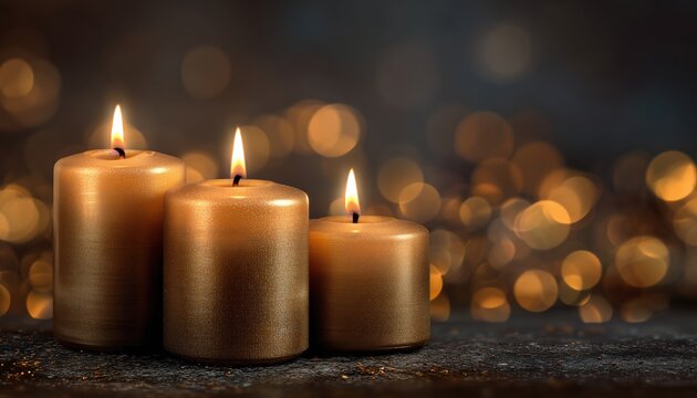 Three Glowing Candle Lights On The Periphery Of A Blurry Decorative Golden Shimmering Candle Lights At A Festive Event.
