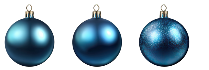 Three side-by-side blue festive baubles with realistic metallic shine on transparent background