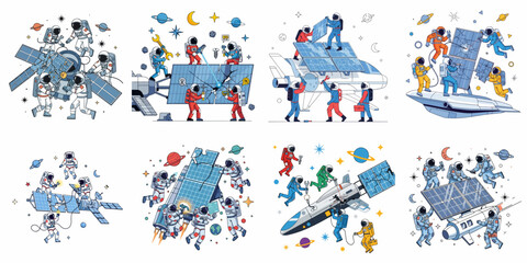 Astronaut team performing satellite repair and space maintenance tasks, including fixing damaged solar panels on orbital spacecraft. © Muqodimatul