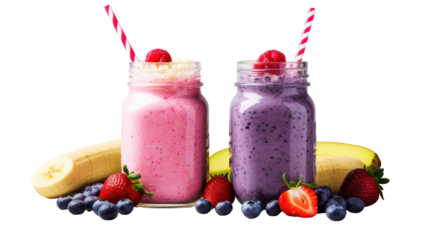 Two colorful fruit smoothies in mason jars with fresh berries and banana isolated on transparent background