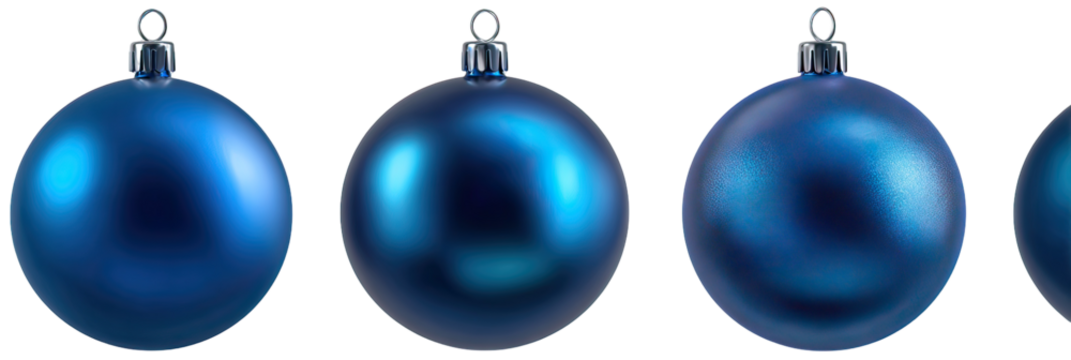 Three side-by-side blue festive baubles with realistic metallic shine on transparent background
