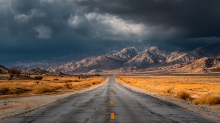 Fototapeta premium Long straight asphalt road stretches to the horizon with dramatic storm clouds gathering over distant mountains in a moody desert landscape.