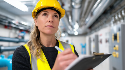 Female facility manager checking building plan on clipboard inside technical room, pipes and electrical panels in background, modern maintenance environment,