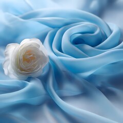 Romantic  concept with white rose on a blue silk background with waves.