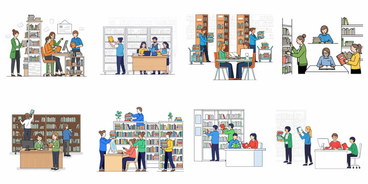 Set of illustrations depicting people working, reading, and studying in libraries or bookstores, featuring staff and patrons with books and technology.