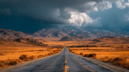 Naklejka premium Long straight asphalt road stretches to the horizon with dramatic storm clouds gathering over distant mountains in a moody desert landscape.