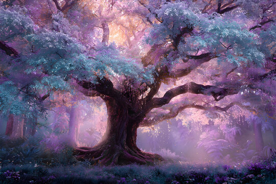 Enchanted ancient tree adorned with pastel draperies in a mystical forest setting