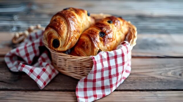 A closeup shot of freshly baked croissants in a wicker basket, with a checkered cloth underneath. The croissant in the basket is golden brown with a glossy finish, and the cloth is red and white.