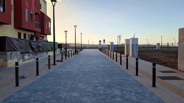 Point of view walking through the streets of Corralejo in Fuerteventura Spain at sunset  