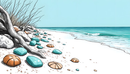 Coastal sketch of a beach with colorful stones and ocean waves