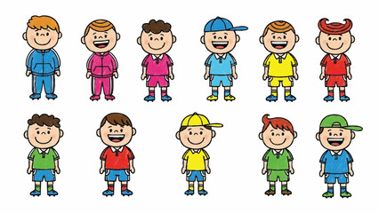Collection of Diverse Happy Cartoon Boys Characters in Sportswear and Casual Attire