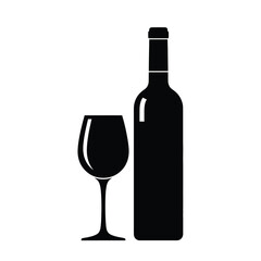 A black silhouette of a wine bottle and an empty wine glass, isolated on a white background, symbolizing a toast or a drink invitation.