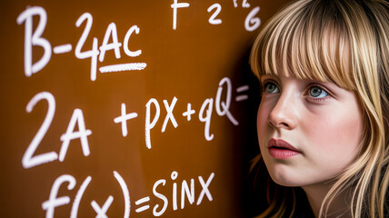 Young girl looking at math equations with thoughtful expression