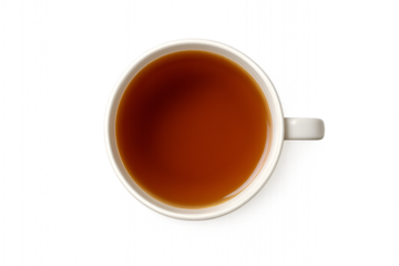 Direct overhead view of hot black tea or dark coffee in a white mug isolated on transparent background