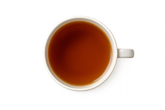 Direct overhead view of hot black tea or dark coffee in a white mug isolated on transparent background