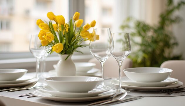 Modern Table Furniture For Cafe, Restaurant, And Home Kitchen Interior Scene Featuring White Plates And Spring Flowers