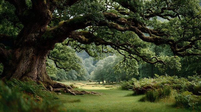 Majestic ancient oak tree with gnarled bark and massive sprawling branches stands alone in a green meadow with soft daylight and texture.