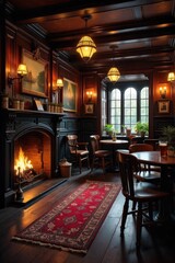 Cozy Traditional British Pub Interior with Warm Fireplace and Inviting Seating Areas, Perfect for Relaxed Atmosphere