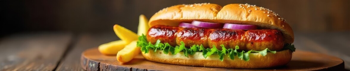 A delicious grilled sausage sandwich on a toasted bun, with onions and relish Perfect for a quick and satisfying lunch or snack , snack, delicious