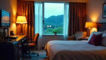 A dimly lit, cozy hotel room with a suitcase on the luggage rack, ready for a relaxing getaway The scene evokes a sense of calm and anticipation for travel and adventure , interior, travel, lamp