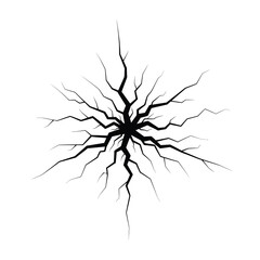 Black crack radiating from the center on a clean white background, abstract design representing damage or fracture.