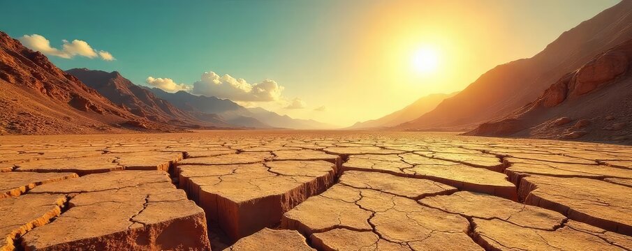 A desolate landscape, sun-bleached and cracked earth, hinting at the relentless toil and exhaustion under a harsh sun, suggesting the concept of exploited energy , energy, wasteland, landscape