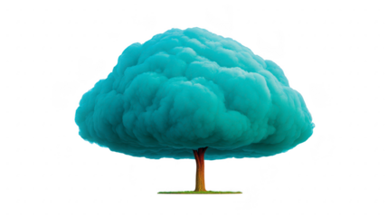 Surreal tree with fluffy blue cloud foliage, isolated on transparency background, imaginative and whimsical, blending nature and fantasy, evokes calm and wonder