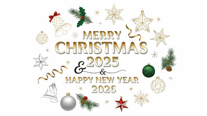 Elegant holiday greeting design for Merry Christmas and Happy New Year 2025 featuring festive golden ornaments, snowflakes, and seasonal decorations, perfect for celebration