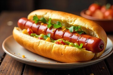 A grilled hot dog nestled inside a toasted, buttery bun, creating a classic sandwich The hot dog is plump and juicy, with visible grill marks Mustard and relish add pops of color , food, juicy