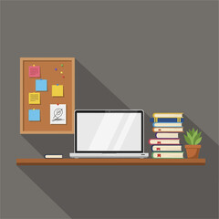 Flat design workspace with laptop books and corkboard.