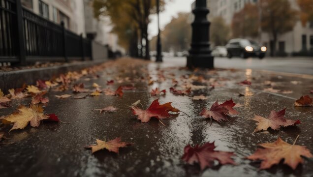 Fallen Autumn Leaves on a Wet City Sidewalk After Rain.