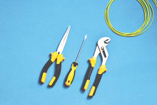 Zenith view, set of tools and blue background. Copy space.	