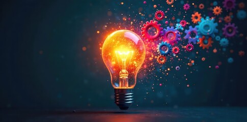 A lightbulb explodes into a shower of colorful gears, representing a burst of creative, innovative ideas and technological advancement , bright, vibrant, imagination