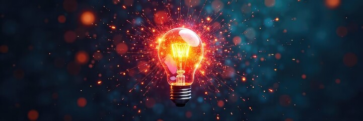A lightbulb explodes with vibrant, colorful sparks, representing innovative and creative thinking, a burst of brilliant ideas , concept, potential, lightbulb