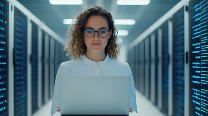 A focused woman with glasses works on a laptop in a data center, surrounded by server racks illuminated by blue lights.