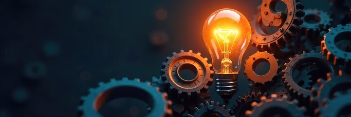 A lightbulb illuminates a complex network of interconnected gears, symbolizing the brilliance and precision of effective ideas, driving innovation and progress ,  machinery, lightbulb
