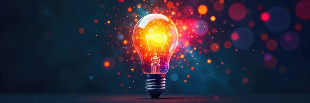 A lightbulb illuminates a vibrant, colorful array of abstract shapes, symbolizing innovative and brilliant ideas Perfect for presentations, marketing, and creativity concepts , wisdom, vivid, shapes - Powered by Adobe