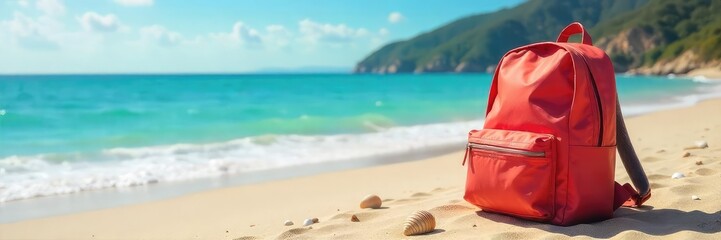 A lone backpack sits on a sun-drenched beach, seashells scattered nearby, suggesting a recent arrival or departure, hinting at journeys and relaxation , seashells, rest, summer