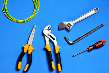Zenith view, set of tools and blue background.	