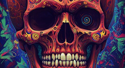 Colorful illustration of a human skull with swirling patterns and vibrant hues