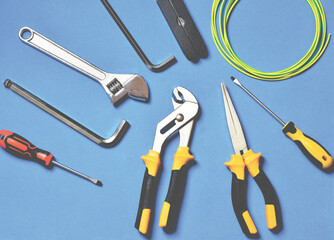 Zenith view, set of tools and blue background.