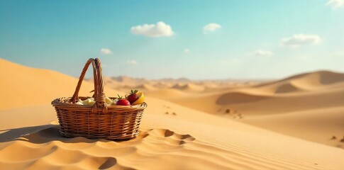 A lone picnic basket sits amidst sand dunes, a half-eaten sandwich and fruit visible, hinting at a solitary desert meal under the vast, open sky , landscape, sandwich